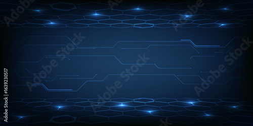 Vector illustrations of abstract blue digital hi tech background with horizontal copy space and digital element circuit pattern.Digital technology concept.