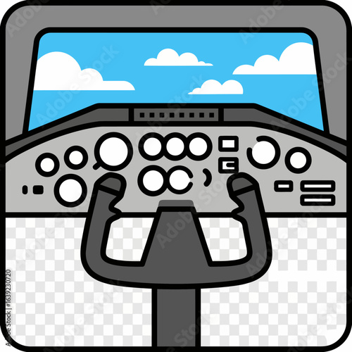 A professional and elegant flat design icon for a pilot's cabin. It features a pilot's yoke and dashboard with instruments set against a window view of a stylized sky, symbolizing a controlled flight 