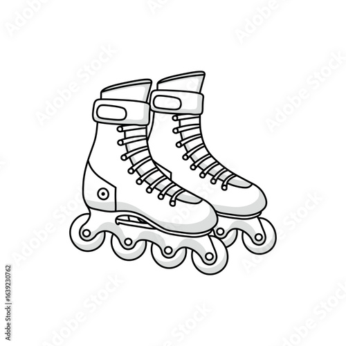 A simple black and white doodle of a pair of rollerblades. This hand-drawn vector sketch icon is perfect for retro, sports, or recreational activity themes.