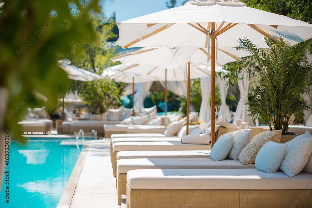 Fototapeta premium Poolside with empty sunbeds