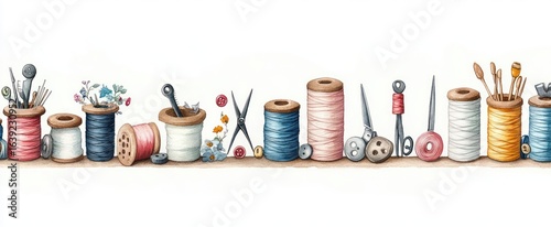 Row of colorful spools of thread with sewing tools, buttons, small flowers, scissors, and paintbrushes arranged on a white background evoking creativity and craft