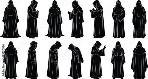 Dark hooded monk silhouette collection, mysterious cloaked figures, medieval robe characters, occult fantasy artwork, shadowy cult members, gothic illustration, secret ritual