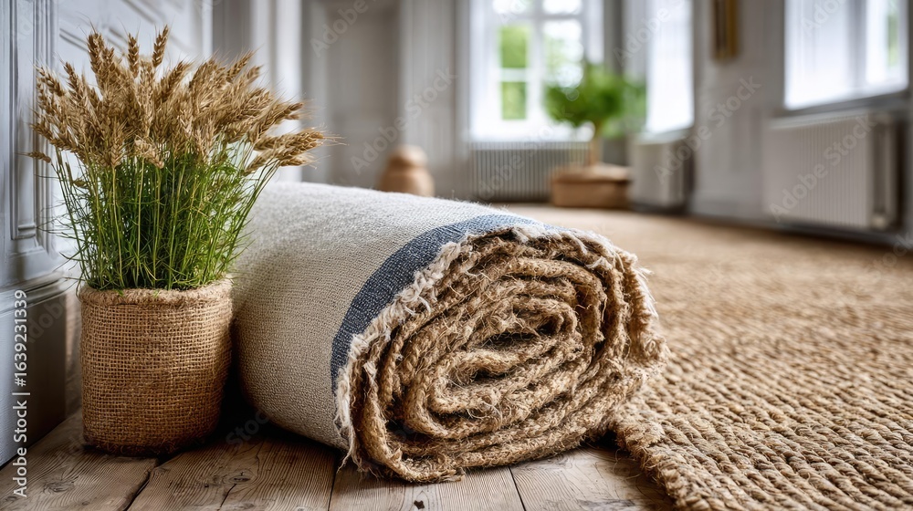 Ripped carpet and linen section concept. Cozy interior decor with rolled rug and potted plant arrangement. Ripped carpet and linen section concept. Cozy interior decor with rolled rug and potted plant arrangement.