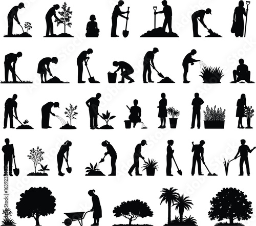 Silhouette people gardening, planting trees, watering plants, farming activities, flat vector illustration, black human figures, outdoor work, agriculture poses, nature care