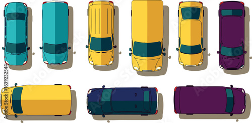 Top down aerial view of a collection of colorful vans. Vector illustration set of minibus and delivery vehicles for transportation concept.