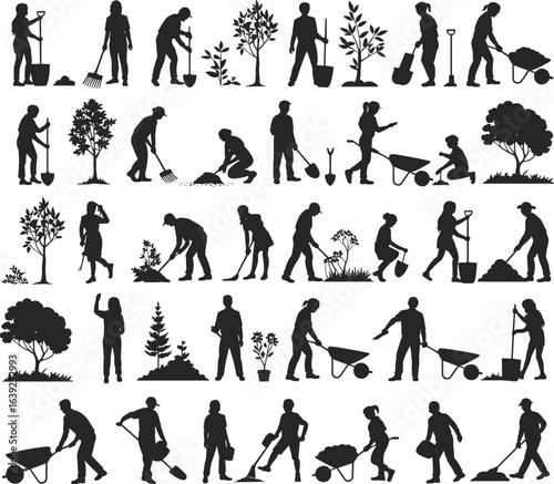 Gardening silhouettes of people planting, digging, watering, pushing wheelbarrows, working with trees and plants, black vector illustration, outdoor agriculture activities
