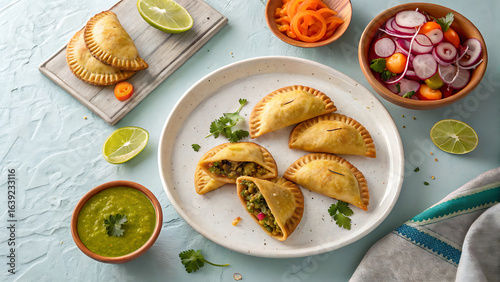 food arrangement on a textured, light gray surface. At the center is a round, white plate with six golden-brown empanadas