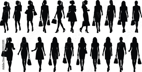 Elegant women silhouettes walking with handbags, stylish female fashion poses, modern business lady icons, shopping girls clipart, fashionista shadow art, vector design