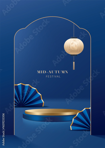Mid-autumn festival poster for product display platform. Blue pedestal or podium with lantern and folding fans on blue background.
