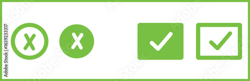 A clean vibrant green vector icon set featuring essential UI symbols: success checkmarks and cancel crosses. Perfect for forms, notifications, and status indicators in apps.