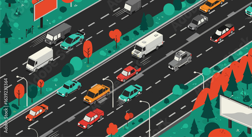 High-angle isometric illustration of a busy highway with traffic. Cars and trucks commuting on a multi-lane freeway.
