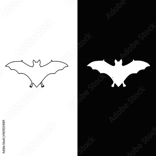 small bat icon line art and sihlouette vector illustration on black and white background