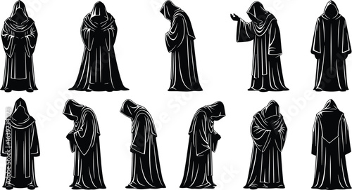 Hooded cloaked monk silhouettes, dark mysterious robed figures, medieval fantasy cult characters, gothic illustration, secret society artwork, occult mysterious hooded people