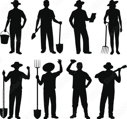 Silhouettes of farmers with tools, bucket, shovel, pitchfork, guitar, and bottle, rural agricultural workers vector illustration, flat vector illustration