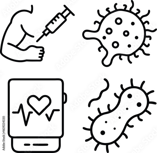 A collection of four simple medical illustrations including a vaccine injection, a bacterium, a smartwatch displaying a heart rate, and a virus.