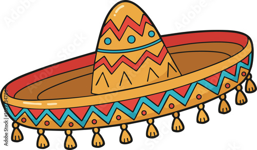 Mexican sombrero with colorful geometric patterns and decorative tassels vector illustration 