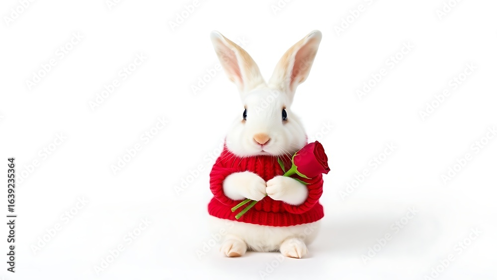 Obraz premium A white bunny in a red sweater holding a red rose on a white background in a studio setting cute animal