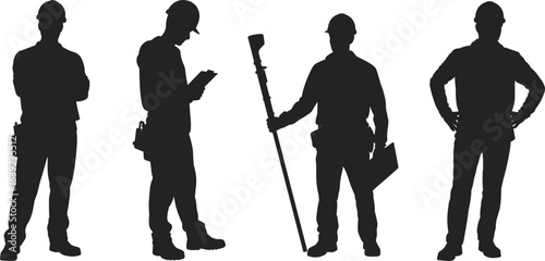 Construction worker silhouettes, engineer reading plan, surveyor holding instrument, builder standing pose, teamwork concept, safety helmet, industrial jobs, construction site,