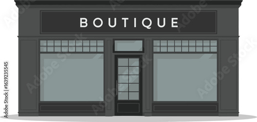 Flat vector illustration of modern boutique storefront, minimalist retail building design, fashion shop exterior, urban shopping architecture in grey tones