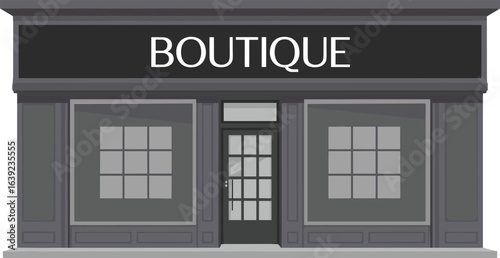 Flat vector illustration of modern boutique storefront, minimalist retail building design, fashion shop exterior, urban shopping architecture in grey tones