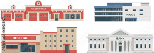 Flat vector illustration of public service buildings including fire department, police station, hospital, and bank, modern city infrastructure