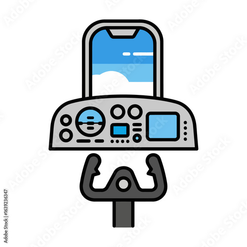 A simple and professional flat design icon for a pilot's cabin. It features a pilot's yoke and dashboard with instruments against a window view of the sky and clouds, symbolizing control and a serene 