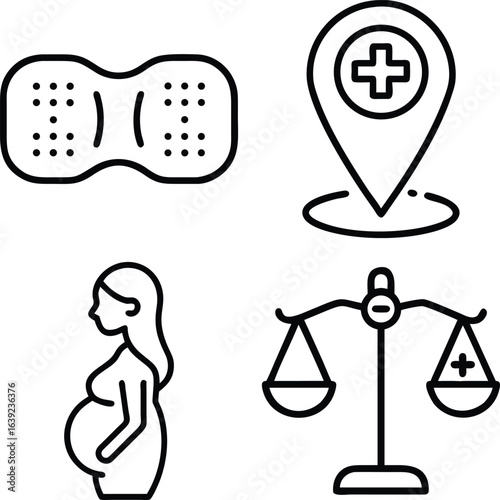 A collection of four simple line art icons representing healthcare, a medical location, pregnancy, and legal balance in medicine.