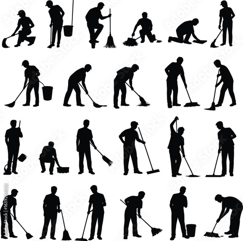 Cleaning worker silhouettes, people sweeping floor, mopping, scrubbing, holding broom, janitorial staff, housekeeping, hygiene maintenance, sanitation jobs, daily cleaning routine illustration