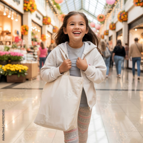 Young girl wearing casual outfit, happily walking in shopping center, mall with blank shopping bag. Youth model with canvas tote bag mockup