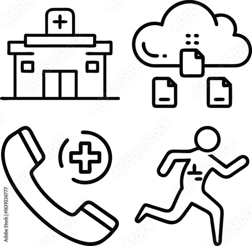 Four distinct line art icons representing healthcare services: a hospital building, cloud data storage, a phone with a medical cross, and a running person with a heart symbol.