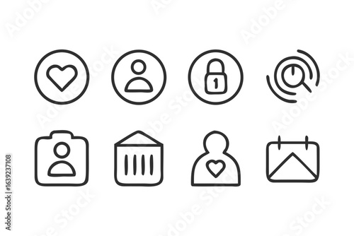 Vector icons set with heart user lock search camera storage profile calendar for web and mobile design use