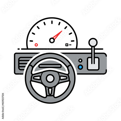A sleek and professional flat design icon for a driver's cabin. It features a modern steering wheel and dashboard, with a gear shift and a speedometer, symbolizing control and the exhilarating journey