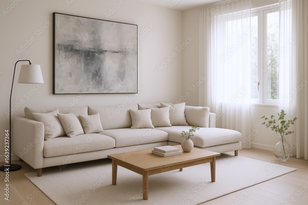 Fototapeta premium Serene Living Room with Modern Sectional Sofa, Abstract Art, and Natural Light Enhancing a Calm Atmosphere