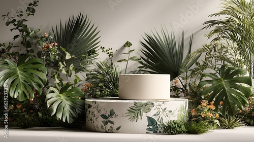 Two-tier podium for luxury product display, glossy ceramic finish, surrounded by tropical foliage, neutral white background, high-resolution 3D render, professional studio lighting