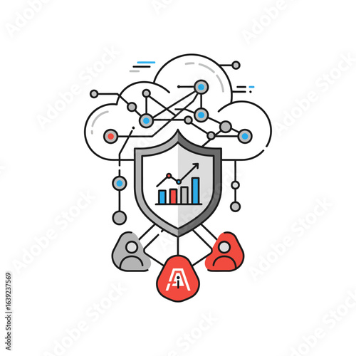 A tech icon for Oracle Cloud World. A cloud and data network converge with symbols for AI, collaboration, analytics, and security, showcasing a connected future