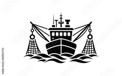 Bold fishing boat icon ready for the open sea, a timeless logo for your maritime business, simple design, ready for application, unique symbol
