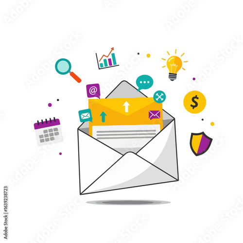 Vector illustration of a mail envelope with business and technology icons