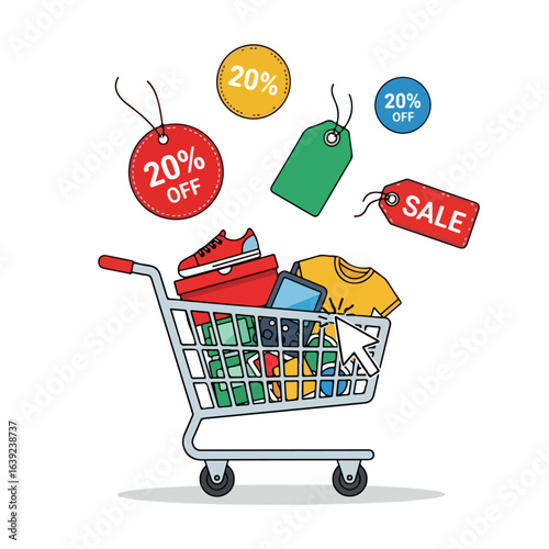 Shopping cart icons with discount and sale labels for retail and ecommerce