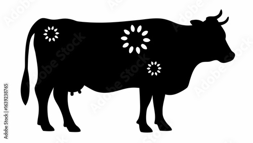 Silhouette of a cow with udder and tail, decorated with circular patterns on its body shape design