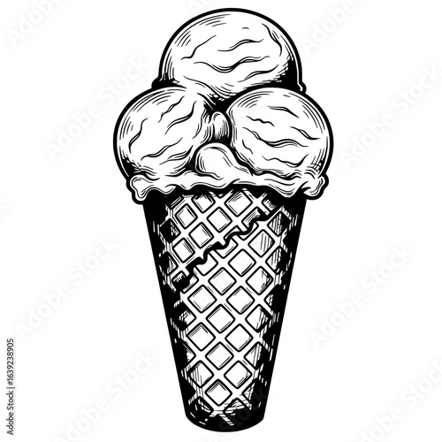 Triple Scoop Delights: An illustrative depiction of a classic ice cream cone, generously filled with three scoops of creamy, delicious ice cream, inviting a refreshing indulgence.