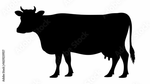 Silhouette of a cow standing in profile with visible horns and udder against a white background plain view