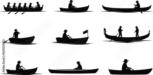 Silhouette of people rowing boats, canoeing, paddling, gondola ride, river adventure, fishing, traditional rowing, boatman, water transport, travel scene