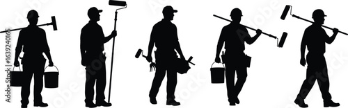 Silhouette of professional painters carrying tools, buckets, paint rollers, and equipment, construction workers isolated, house painting work, renovation labor silhouettes, maintenance