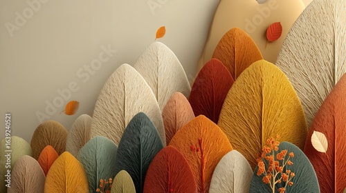 Artistic autumn natural scene with Morandi-colored leaves forming a mountain-like structure, soft embossed textures, and a minimalist blank background.
