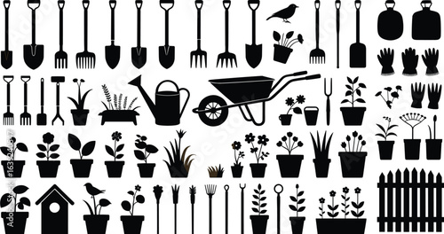 Gardening tools and plants silhouette, watering can, shovels, rakes, wheelbarrow, potted flowers, gloves, black vector art, horticulture equipment illustration design