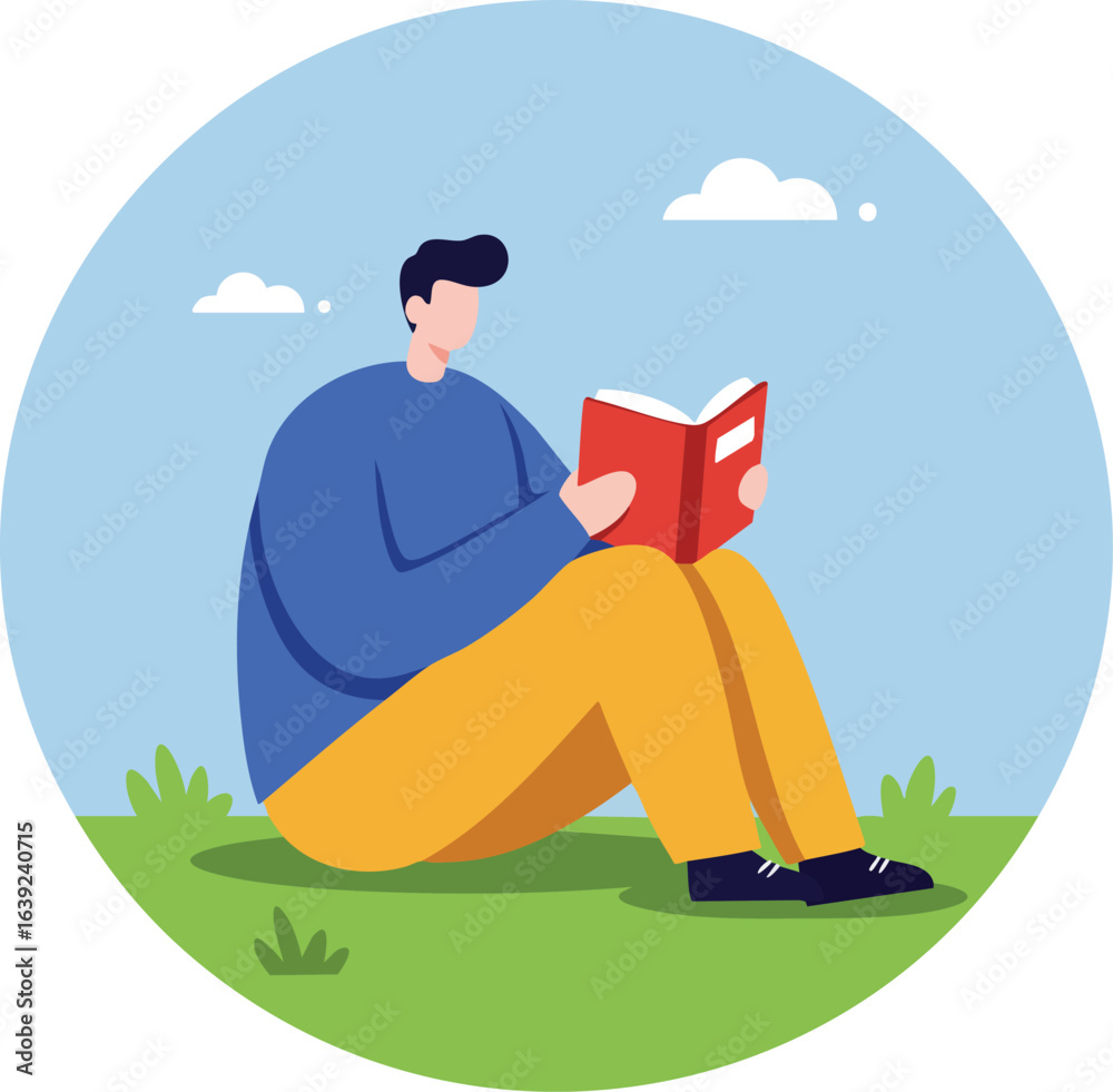 Fototapeta premium Man Sitting on Grass Reading Book Relaxing Outdoors Casual Lifestyle Scene 