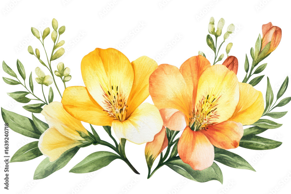 Obraz premium Bright and colorful Freesia flowers arranged with greenery for a beautiful spring decoration on a transparent background