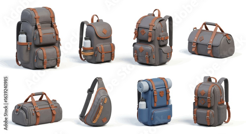Various stylish and practical backpacks and duffel bags, displayed against a plain white background.