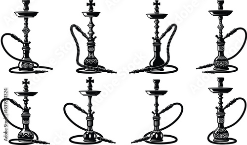 Traditional hookah silhouettes collection, shisha water pipe designs, ornate Middle Eastern smoking devices, vintage Arabic hookah art, black and white illustration