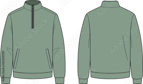 Green half zip pullover sweatshirt front and back view, casual unisex outerwear design template with pockets and high collar, flat vector illustration